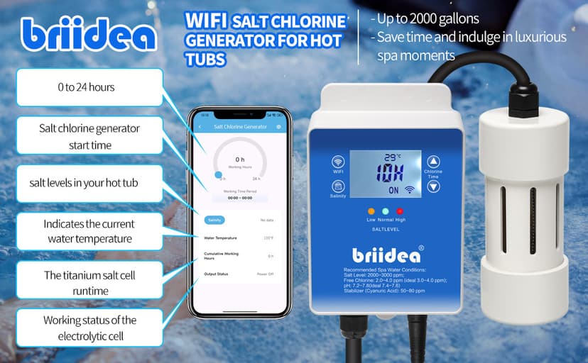 WiFi Salt Chlorine Generator, Briidea Chlorine Generator with USA Titanium Salt Cell, Designed for Hot Tubs & Swim Spas Up to 2,000 Gallons, Advanced APP Remote Control