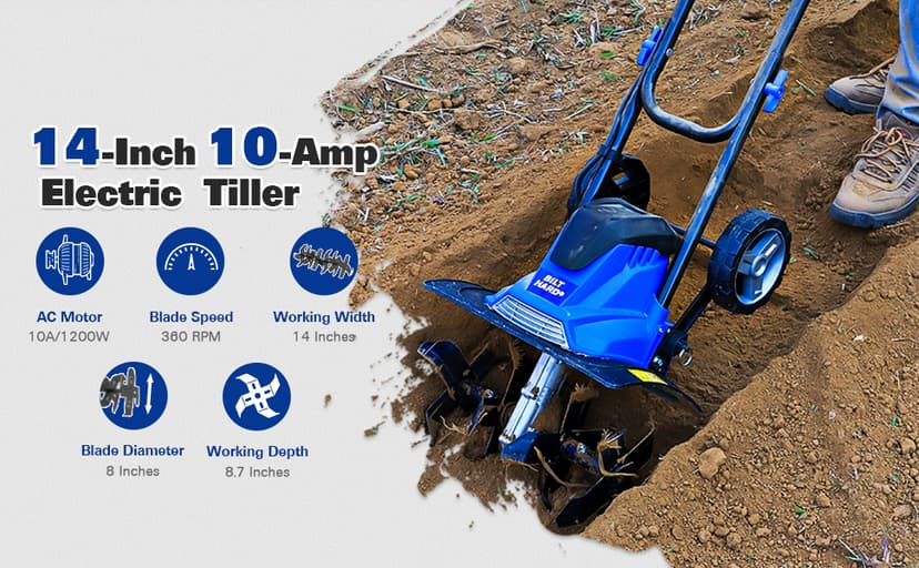 BILT HARD Electric Tiller Cultivator 14 inch, 10 Amp 4 Steel Tines Corded Tiller for Gardening with Foldable Handle, Portable Garden Rototiller with Adjustable Wheels