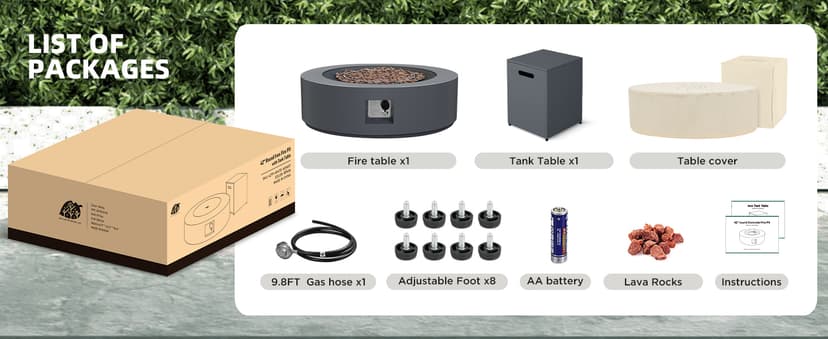 UPHA 42-inch Outdoor Propane Gas Fire Pit Table 50000 BTU Iron Round FirePit for Outside Patio with Tank Hidden Table, Removable Lid, Lava Rocks, Rain Cover, Grey