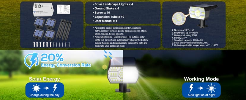 NYMPHY Solar Lights Outdoor Waterproof IP68, 56 LED 3 Lighting Modes Solar Powered Garden Yard Spot Solar Lights for Outside Landscape- 4 Pack (Cool White)