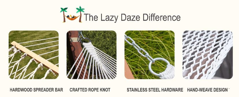 Lazy Daze Hammocks Double Rope Hammock, 2 Person Traditional Outdoor Hand Woven Cotton Rope Hammock with Spreader Bar, Chains, Tree Straps for Patio Yard - Max 450 Lbs, Tan