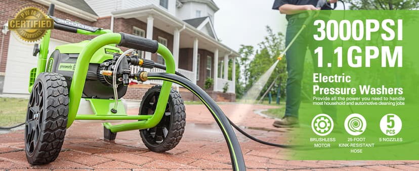 Greenworks Pro Brushless 3000 PSI (CSA Certified) 2.0 GPM Max / 1.1 GPM Electric Pressure Washer (Rugged Steel Frame, 25 FT Hose, 35 FT GFCI Power Cord)