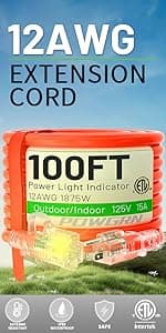 50 ft 12/3 Outdoor Extension Cord Waterproof Heavy Duty with Lighted Indicator End 12 Gauge 3 Prong, Flexible Cold-Resistant Long Power Cord Outside, 15Amp 1875W SJTW Yellow ETL Listed