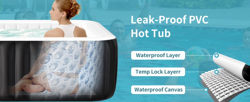 4-6 Person Inflatable Hot Tub, Large Square Portable Blow up Hot Tub, Leak-Proof PVC Outdoor Spa with 130 Air Jets, Insulated Cover and Heater Pump, 73” X 73”X 25”