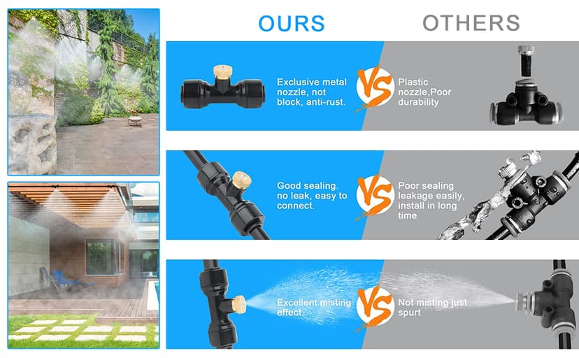 Misting Systems, Misters for Outside Patio, 100FT Misting Cooling System+30 Brass Mister System+2 PE Antioxidant Adapters 3/4"+2 Tee Adapters+2 90 Degree Elbows for Pasture, Garden, Greenhouse, Gazebo