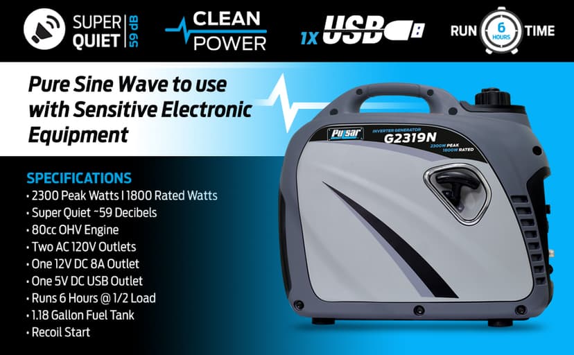 Pulsar 2,300W Portable Gas-Powered Quiet Inverter Generator With USB Outlet & Parallel Capability, Carb Compliant, G2319N