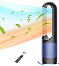 Bladeless Heater and Fan Combo, 1400 Watt Heater Fan and 40 Watt Cold Fan, 80° Oscillating Fan, All the Season Use, Remote and Touch Control, Floor Tower fan, Office Room, Bedroom, Blue White