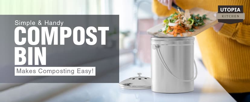 Utopia Kitchen Compost Bin for Kitchen Countertop, 1.3 Gallon Compost Bucket for Kitchen with Lid, Includes 1 Spare Charcoal Filter, Home Essentials - (Silver)