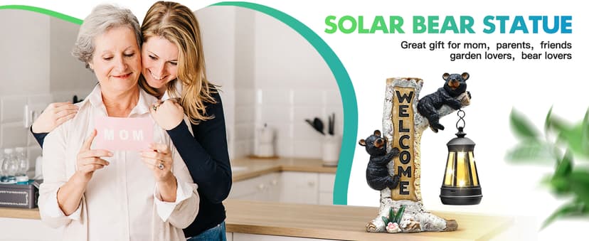 Json Garden Bear Statue with Solar LED Lantern, Gifts for Mom Yard Art, Whimsical Figurine Large Sculpture Lighted Outdoor Mother's Day Spring Decorations for Lawn, Porch