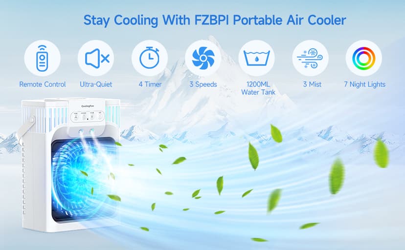 Portable Air Conditioner Cooling Fan with Remote, Quiet with 3 Speeds, 1200ml Evaporative Personal Air Cooler Fan with 3 Mist, 7 Night Light, 8H Timer, Small Air Conditioner for Bedroom Office