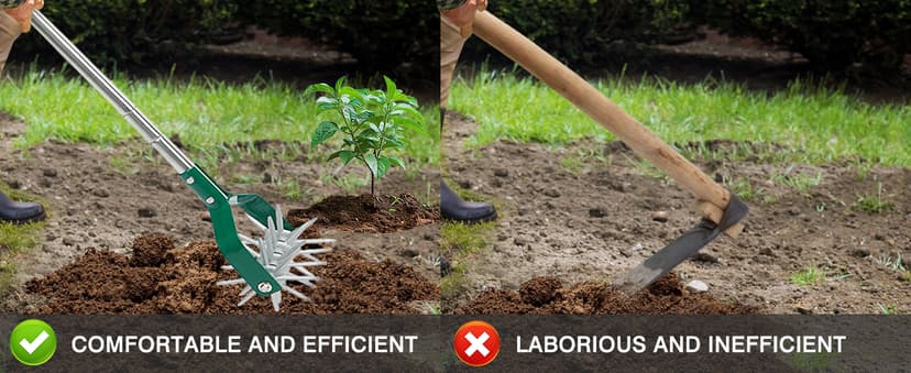 Rotary Cultivator Tiller Adjustable S/S Handle Rotary Tiller with Detachable Solid Metal Tines Garden Cultivator Lawn Tiller and Manual Tiller for Loosing and Mixing Soil