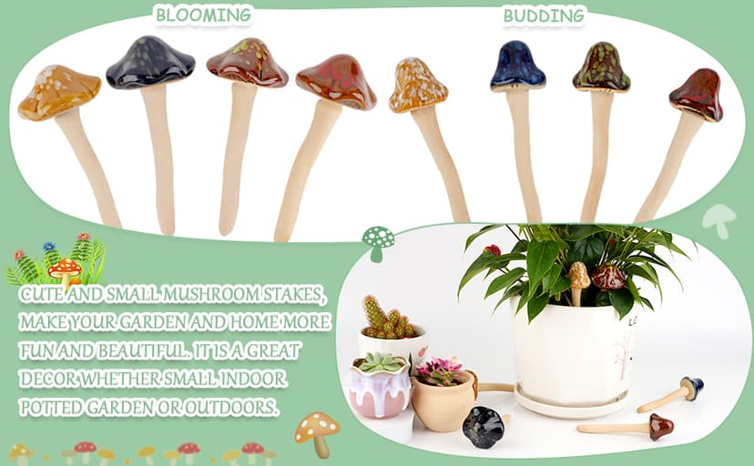8Pcs Ceramic Garden Mushrooms Figurine Decorative Plants Stakes Accessories Lawn Ornaments Statue for Outdoor (Random Color) (Blooming-1)