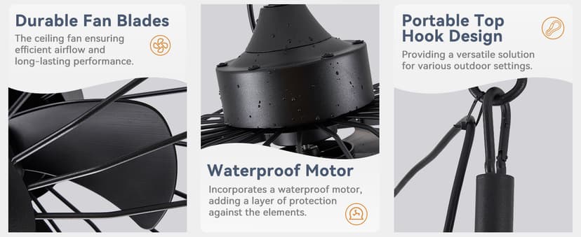 LEDIARY 20" Outdoor Ceiling Fans with Lights and Remote Control, Waterproof Caged Ceiling Fan with 3 Color LED Light,Portable Hanging Gazebo Fan with Plug in Cord Hook for Patios,Black