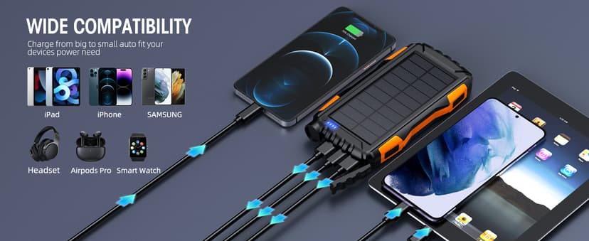 Power-Bank-Solar-Charger - 42800mAh Portable Charger,Solar Power Bank,External Battery Pack 5V3.1A Qc 3.0 Fast Charger Built-in Super Bright Flashlight (Orange)