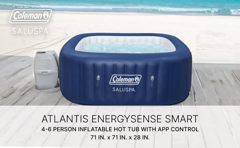 Coleman Atlantis AirJet Large Square 4 to 6 Person Inflatable Hot Tub Portable Outdoor Spa with 140 AirJets and EnergySense Cover, Blue