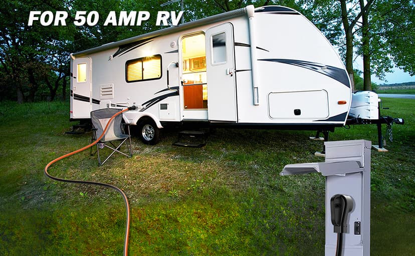 50 Amp 50 Foot RV Extension Cord, 14-50P to SS2-50R Heavy Duty STW Generator Extension Cord for RV Camper and Generator to House, with Locking Connector and Cord Organizer(50 Foot Black&Orange)