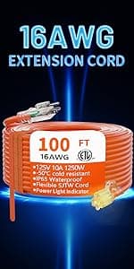 HUANCHAIN 12/3 Gauge Heavy Duty Outdoor Extension Cord 100 ft Waterproof with Lighted end, Flexible Cold-Resistant 3 Prong Electric Cord Outside, 15Amp 1875W 12AWG SJTW, Yellow, ETL