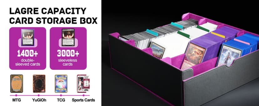 ZLCA Card Storage Box for MTG PTCG, Commander Deck Box Holds 3000+ Cards, Card Storage Case with 4 Stoppers, Card Organizer for TCG Sport Cards(Black&Purple)