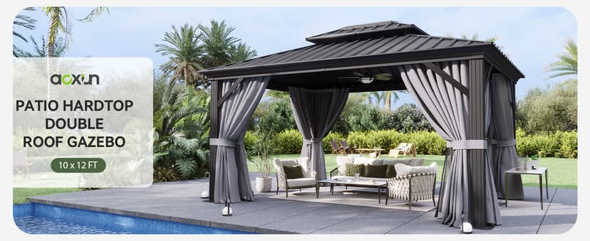 Aoxun 10'x12' Hardtop Gazebo, Aluminum Frame Canopy with Double Galvanized Steel Roof, Outdoor Metal Pavilion with Netting, Curtains for Backyard, Patio and Deck