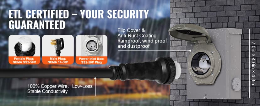 VEVOR 50 Amp Generator Cord and Power Inlet Box Kit, 15FT Generator Extension Cord NEMA 14-50P/SS2-50R STW 6/3+8/1 AWG with Twist Lock Connector, Pre-Drilled Inlet Box, ETL Listed