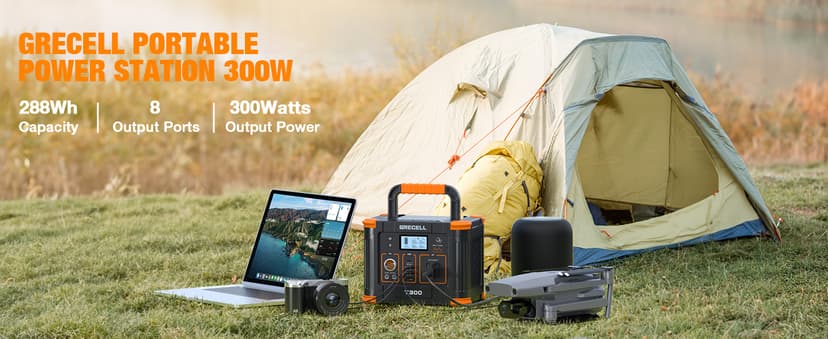 Portable Power Station 300W (Peak 600W), GRECELL 288Wh Solar Generator with 60W USB-C PD Output, 110V Pure Sine Wave AC Outlet Backup Lithium Battery for Outdoors Camping Travel Hunting Home Blackout