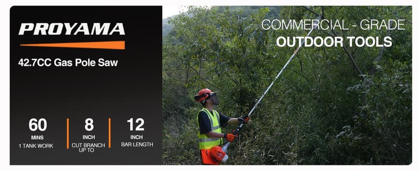 PROYAMA 90-180 Degree 42.7cc Head Adjustable Pole Chainsaw for Tree Trimming with 12 inch OREGON Cutting Bar & OREGON Chain 38-inch Extension for a 15ft Reach Gas Cordless Pole Saw