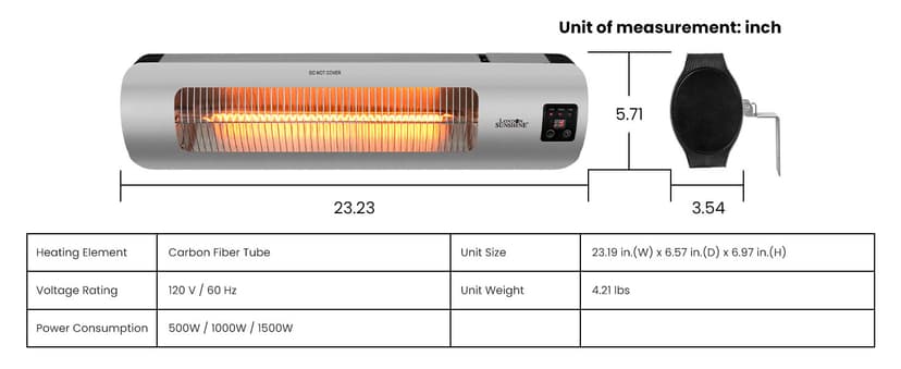 Wall-Mounted Electric Infrared Heater 1500W, Waterproof Indoor Outdoor Patio Heater for Garage, Backyard, Wall – Energy Efficient
