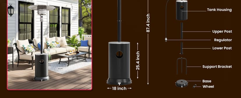 PAMAPIC 48000 BTU Patio Heater, Outdoor Propane Heater 2 in 1 Table Design, Double-Layer Stainless Steel Burner, Wheels, Triple Protection System, Outdoor Heater for Home and Residential,Black