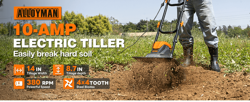 Alloyman 10-Amp Electric Tiller Cultivator, 14 Inch Tilling Width 8.7-Inch Corded Tiller with Foldable Handle, Adjustable Wheels Rototiller for Garden Lawn Yard Soil Cultivation