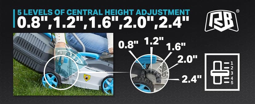 RB 40V 13-Inch Brushless Cordless Lawn Mower with 4.0Ah Lithium Battery & Fast Charger, 2-in-1 Lightweight Mower for Small Yards, Foldable Handle, 5 Cutting Height Adjustments