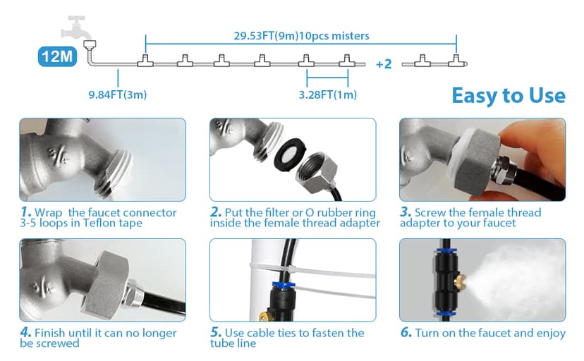 lifeegrn Misting Cooling System, Outdoor Misting System for Patio, 40 FT Misting Line+10 Mist Nozzles+3/4" Brass Adapter,Outdoor Mister System for Patio Garden Trampoline Greenhouse