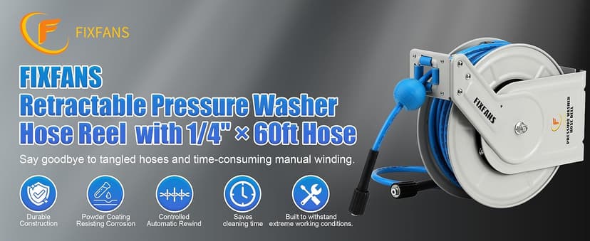 Pressure Washer Hose Reel with Hose, 1/4" × 60ft Retractable Power Washer Hose Reel, Heavy Duty Hose Reel Auto Rewind, Wall Mounted, 3600 PSI
