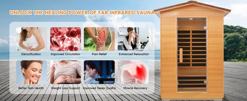Outdoor Sauna 2 Person Far Infrared Saunas Dry Home Sauna Room Hemlock 1 to 2 Person Wood Sauna 1950W/110V Low EMF with Bluetooth Speaker, Reading Light, Cup Holder and Towel Rack - 47*39*82 IN