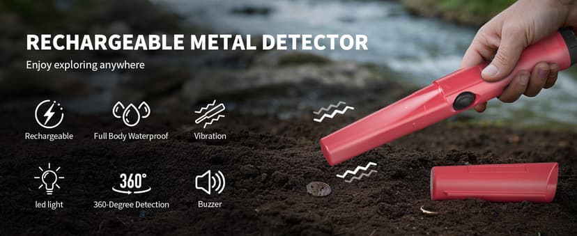 Rechargeable Metal Detector Pinpointer for Adults & Kids, Fully Waterproof Handheld Metal Detector Wand for Underwater, Portable Small Gold Detector Tool with LED Light and Adjustable Sensitivity