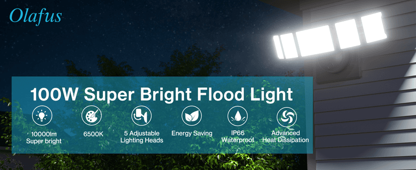 Olafus 100W Flood Light Outdoor, Switch Controlled 10000LM LED Security Light, IP65 Waterproof Outside Floodlight with 5 Adjustable Heads, 6500K Exterior Flood Light Fixture Wired for House Yard Black