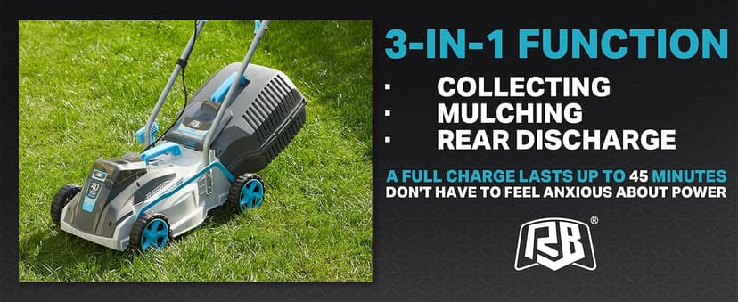 RB 40V 13-Inch Brushless Cordless Lawn Mower with 4.0Ah Lithium Battery & Fast Charger, 2-in-1 Lightweight Mower for Small Yards, Foldable Handle, 5 Cutting Height Adjustments
