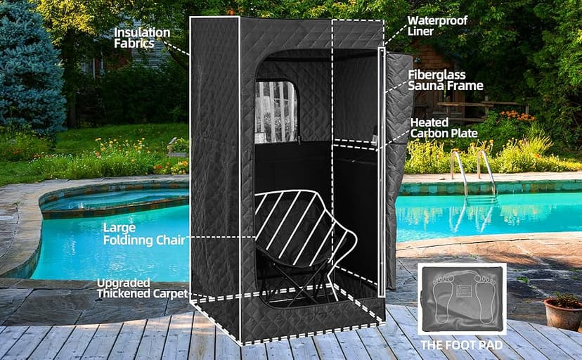 Infrared Saunas for Home, Portable Dry Sauna with Heating Foot Pad, Infrared Saunas with Big Sauna Chair, 3.2’ x 3.2’ x 6.0’, Black
