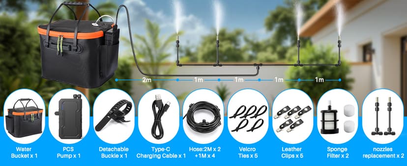 Ausic Portable Misting Systems, Outdoor Water Cooling Misters Set with 6000mAh Water Pump, 20L Bucket, 26FT (8M) Hose, 6*Nozzles, 10*Clips/Ties for Patio/Umbrella/Pasture/Greenhouse/Canopy/Camping