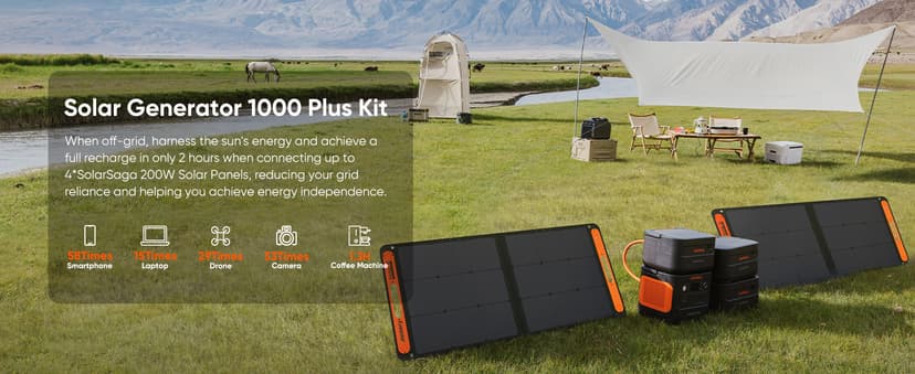 Jackery 1000 Plus Solar Generator, 1264Wh Portable Power Station with 2xSolarSaga 100W Solar Panels, 2000W Output Expandable Home Backup Power for Off-grid Living, Outdoor Camping and Exploration