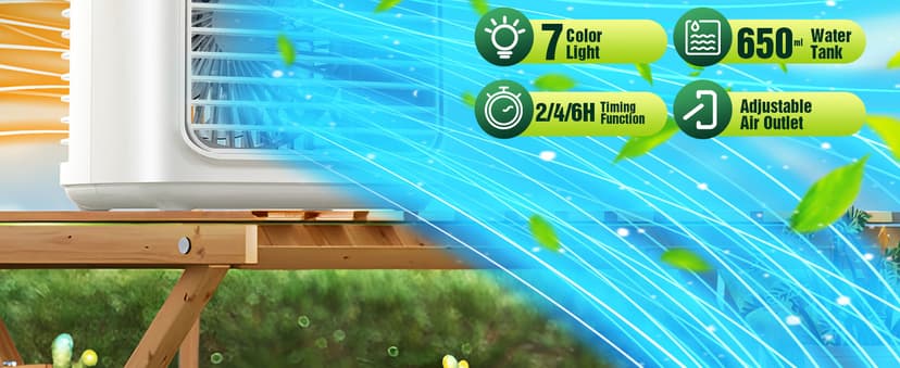 Portable Air Conditioners, 3 Wind Speeds & 7 LED Lights Evaporative Personal Air Cooler, 4 in 1 Portable AC with 650 mL Large Water Tank, Mini Air Conditioner for Bedroom/Car/Home/Camping/Room