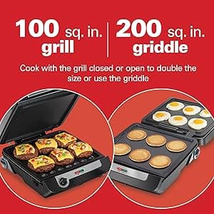 Hamilton Beach 4-in-1 Indoor Grill & Electric Griddle Combo with Bacon Cooker, Opens Flat to Double Cooking Surface, Removable Nonstick Plates, Black & Silver (25601)