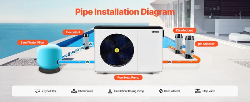 VEVOR Electric Pool Heat Pump, 35830 BTU, Pool Heaters for 6605-13209GAL Above and In Ground Pools, Low Noise, Heating and Cooling Highly Efficient & Energy-Saving Pool Water Heater AC208-230V 60Hz