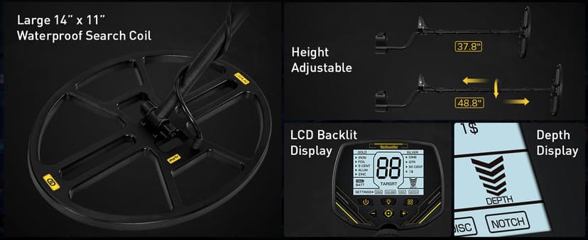 14" Metal Detector for Adults Professional, Double-D Metal Detectors with Higher Sensitivity, Waterproof Metal Detector with IP68 Search Coil, DISC & Pinpointer Metal Detector Modes