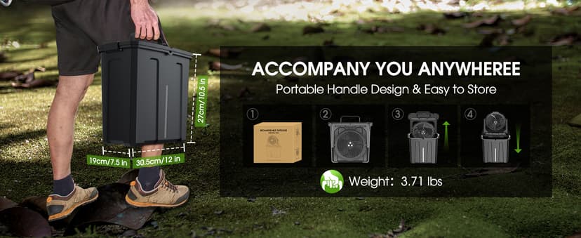 Ausic 9L Bucket Portable Misting Fan for Outdoors Patios, 20000mAh Rechargeable Battery Operated Camping Fan, 3 Strong Winds, 3 Large Spray Outlets, for Fishing/Travel/Garden Party/Golf/Tent/Office