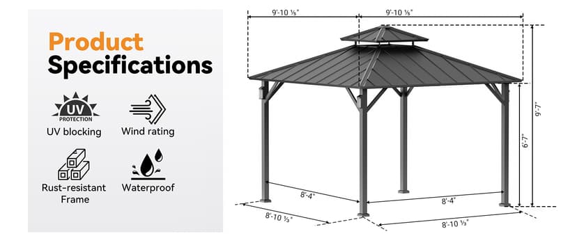 Modern Shade 10'x10' Hardtop Gazebo with Galvanized Steel Roof & 4 LED Lights - Permanent Metal Gazebo Outdoor Pavilion for Backyard, Deck, Garden - All-Weather Patio Cover