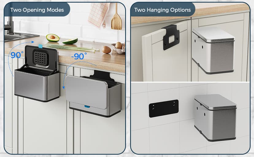 Stainless Steel Hanging Trash Can with Lid and Inner Bucket, 1 Gallon Kitchen Compost Bin for Counter Top, Under Sink or Wall Mount, Small Garbage Can for Cupboard/Bathroom/Bedroom/RV