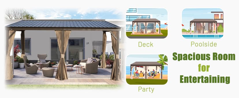 DOMI 12x16FT Lean to Gazebo, Outdoor Hardtop Wall Mounted Gazebo with Sloping Galvanized Steel Roof, Durable Aluminum Frame, Netting Curtain for Deck, Porch, Backyard