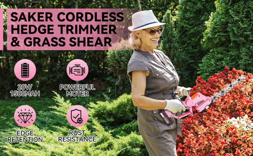 Saker Cordless Hedge Trimmer-20V Electric Shrub Trimmer Grass Shears Handheld Grass Cutter, Hedge Shear with 2 PCS Rechargeable Battery and Charger for Garden, Lawn(Pink)