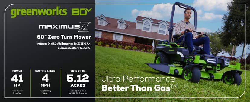 Greenworks 80V 60" Zero Turn, (2) 12.0Ah + (4) 8.0Ah Batteries + Wall Charger