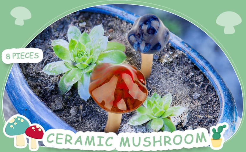 8Pcs Ceramic Garden Mushrooms Figurine Decorative Plants Stakes Accessories Lawn Ornaments Statue for Outdoor (Random Color) (Blooming-1)
